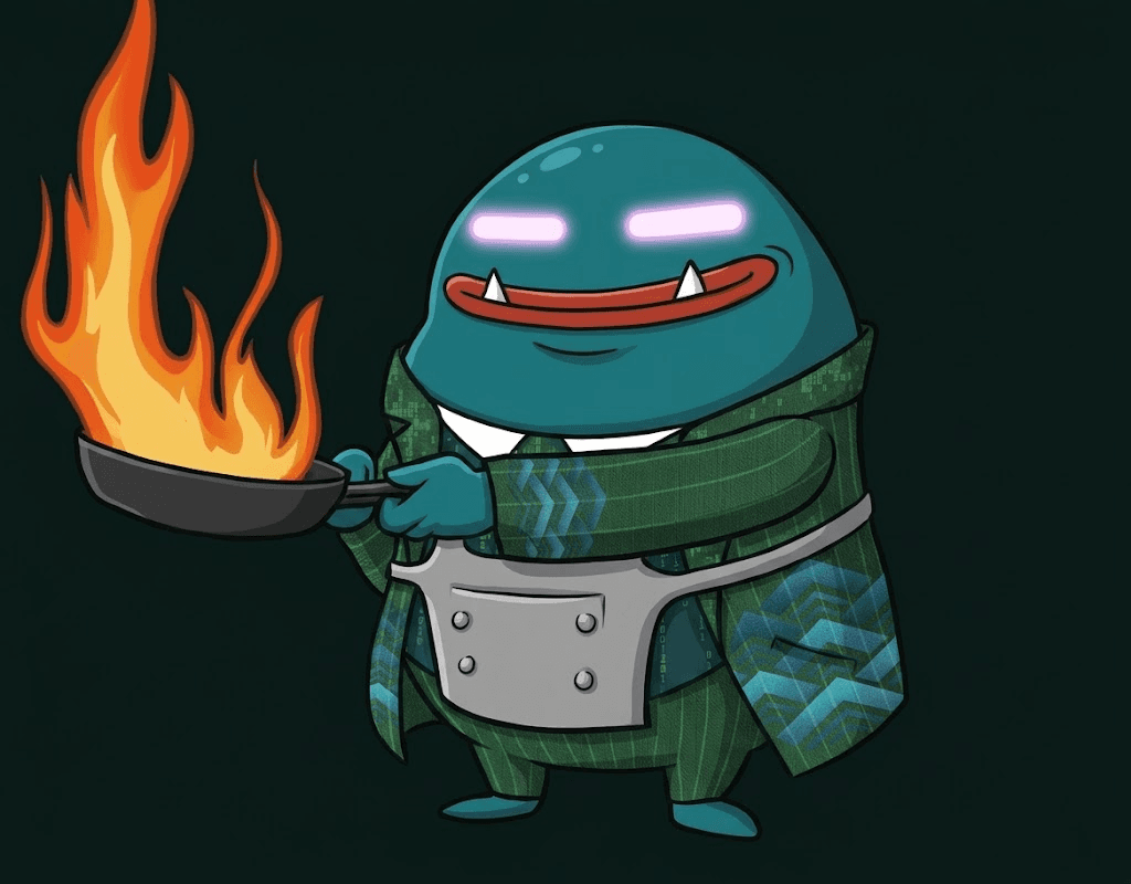 Mascotte ELYZ avec une poêle enflammée, visuel officiel de la page claim