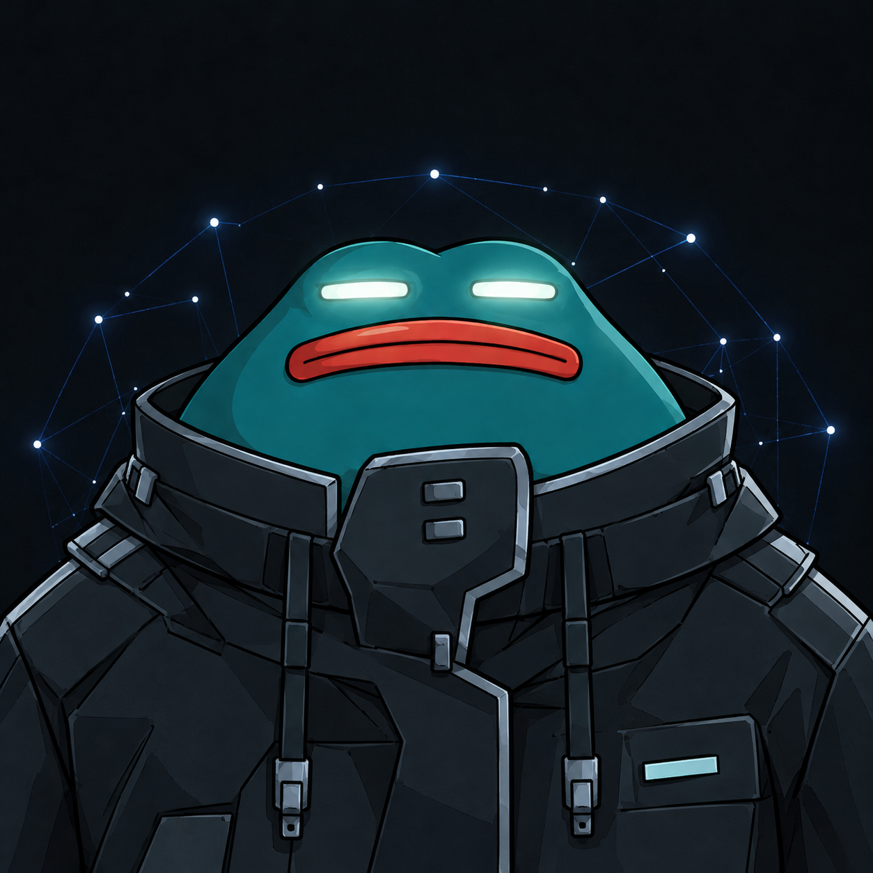 Sentinel, dans son manteau technique, yeux cyan lumineux