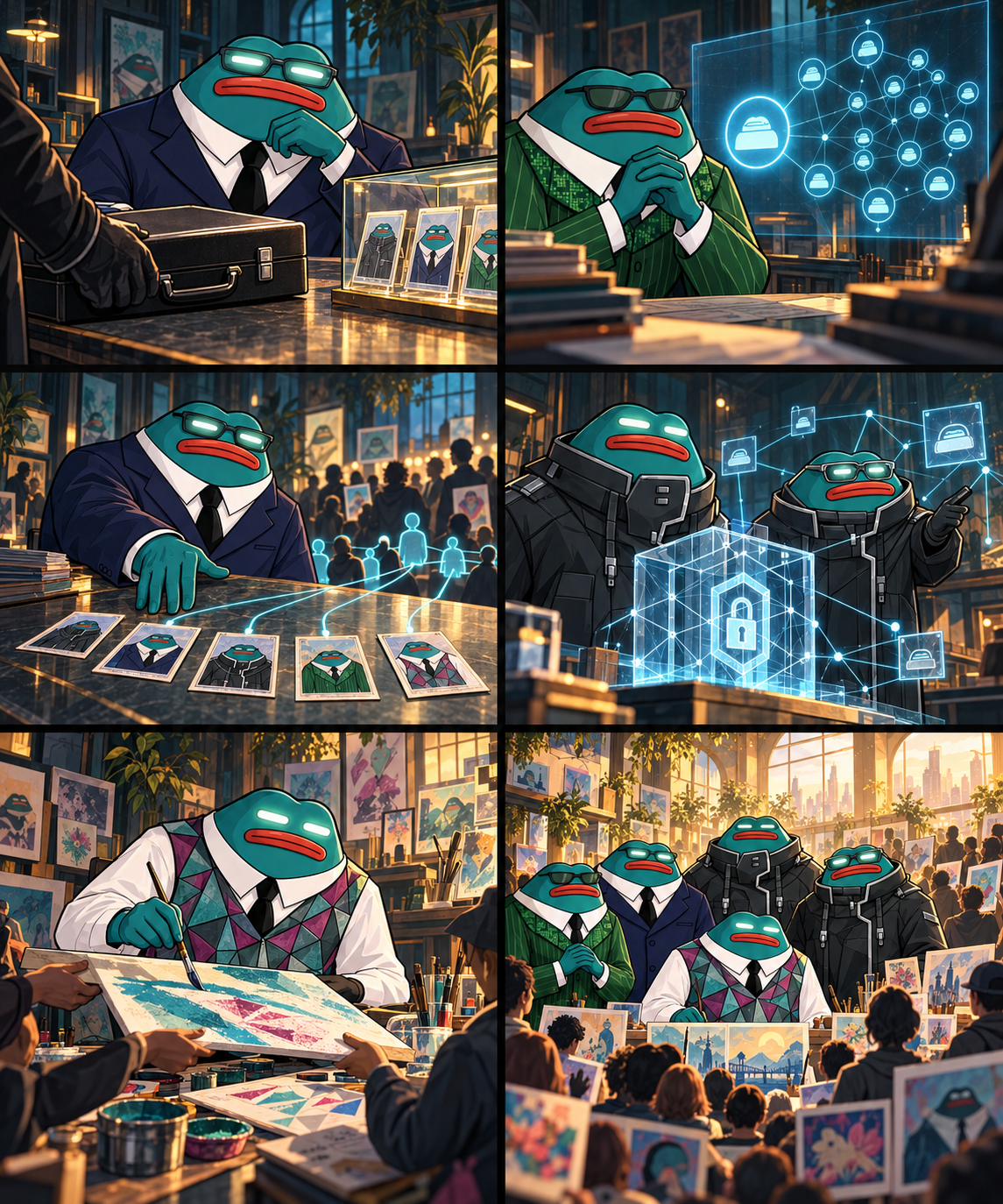 Planche originale THE OFFER : mallette devant Executive, analyse de participation, choix partagé, Sentinel et Overclock, Prism avec un artiste, puis collectif des cinq personnages